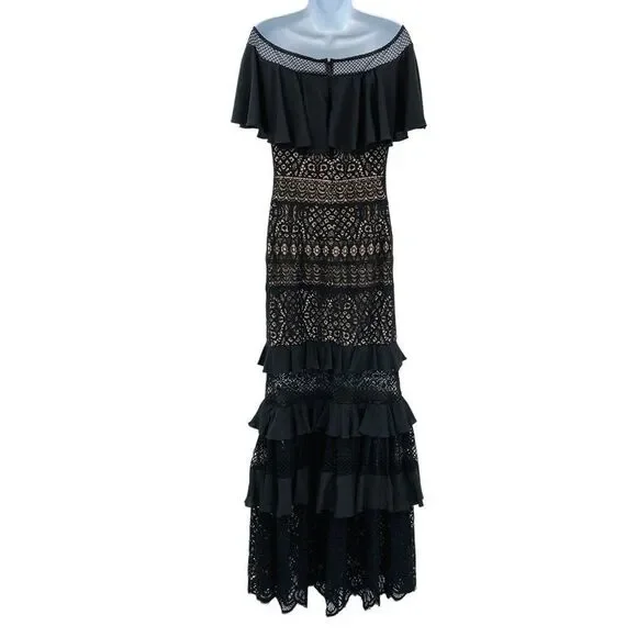 NEW Tadashi Shoji Alexia Lace Off The Shoulder Ruffle Gown Dress Black 10